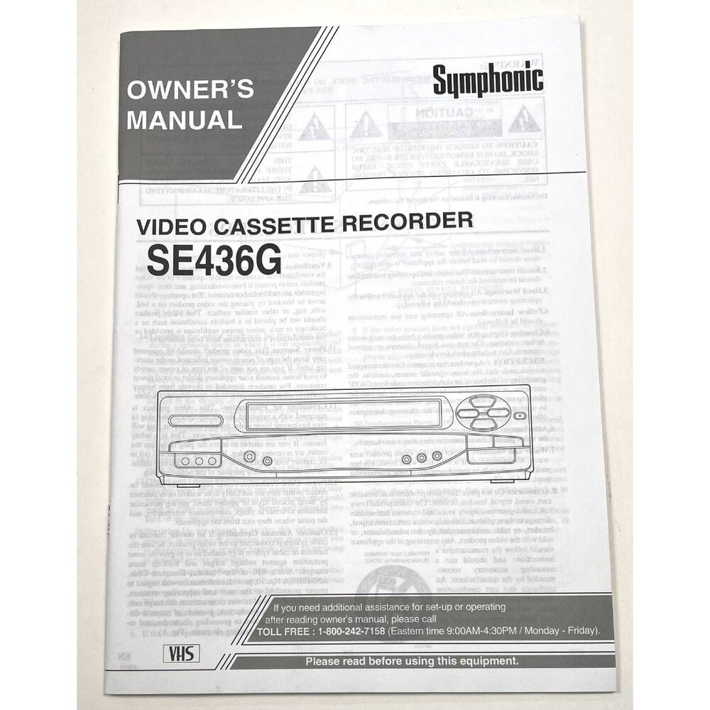 SYMPHONIC Video Cassette Recorder VCR SE436G OWNER'S MANUAL ONLY **No VCR** EUC